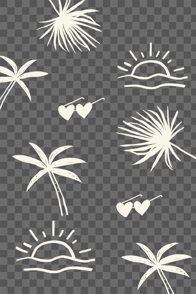 Png tropical motifs with waves, tropical plants, and summer accessories 