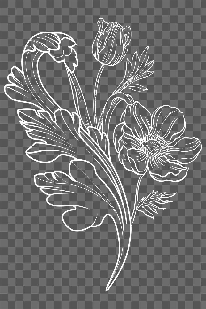 Flower png clipart, aesthetic black line art, transparent background