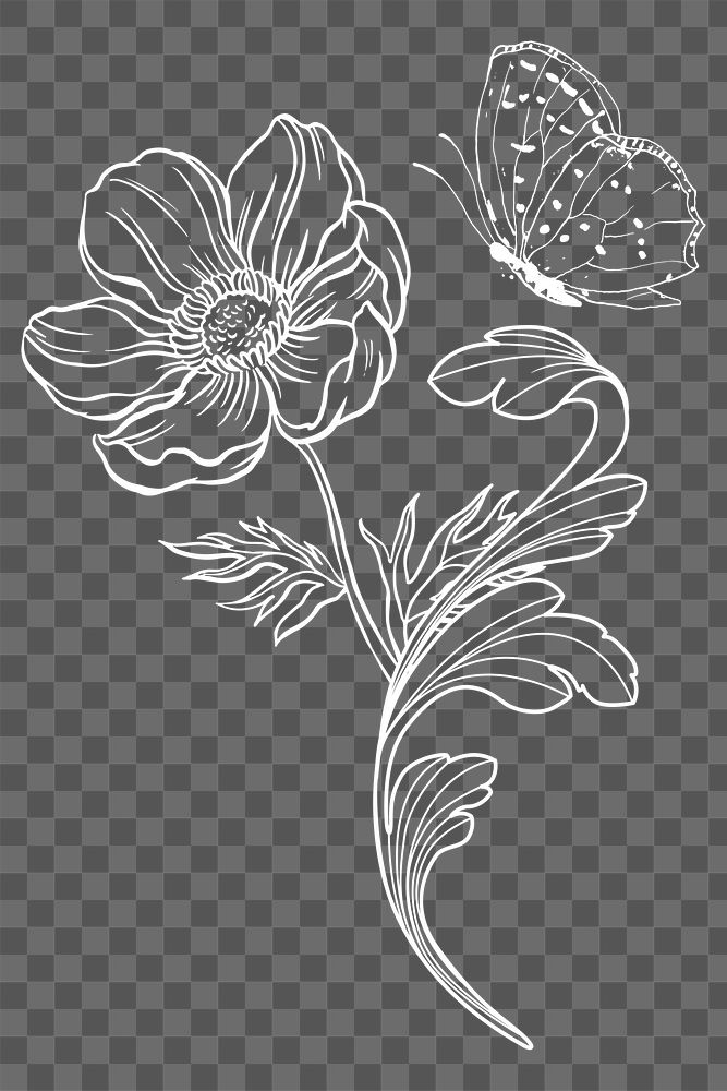 Flower png clipart, aesthetic black line art, transparent background