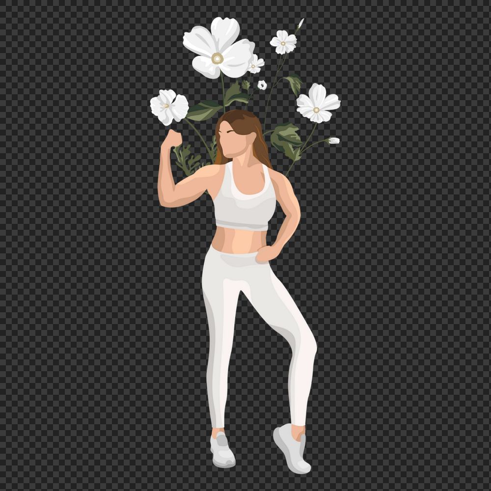 Woman flexing png, white flower, wellness remix, editable design