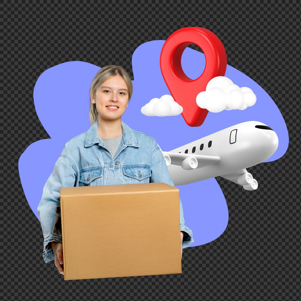 Png woman, international shipping 3D remix, transparent background, editable design