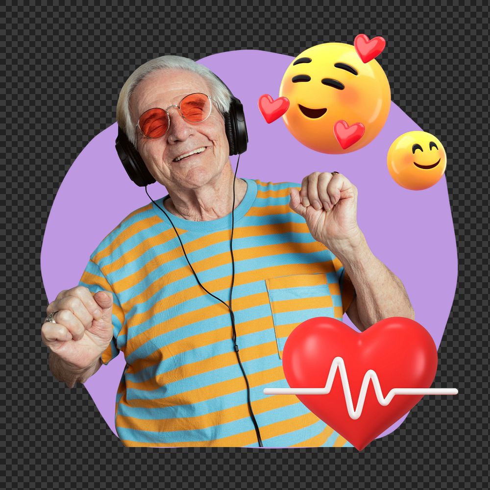 Png old man listening to music 3D remix, transparent background, editable design