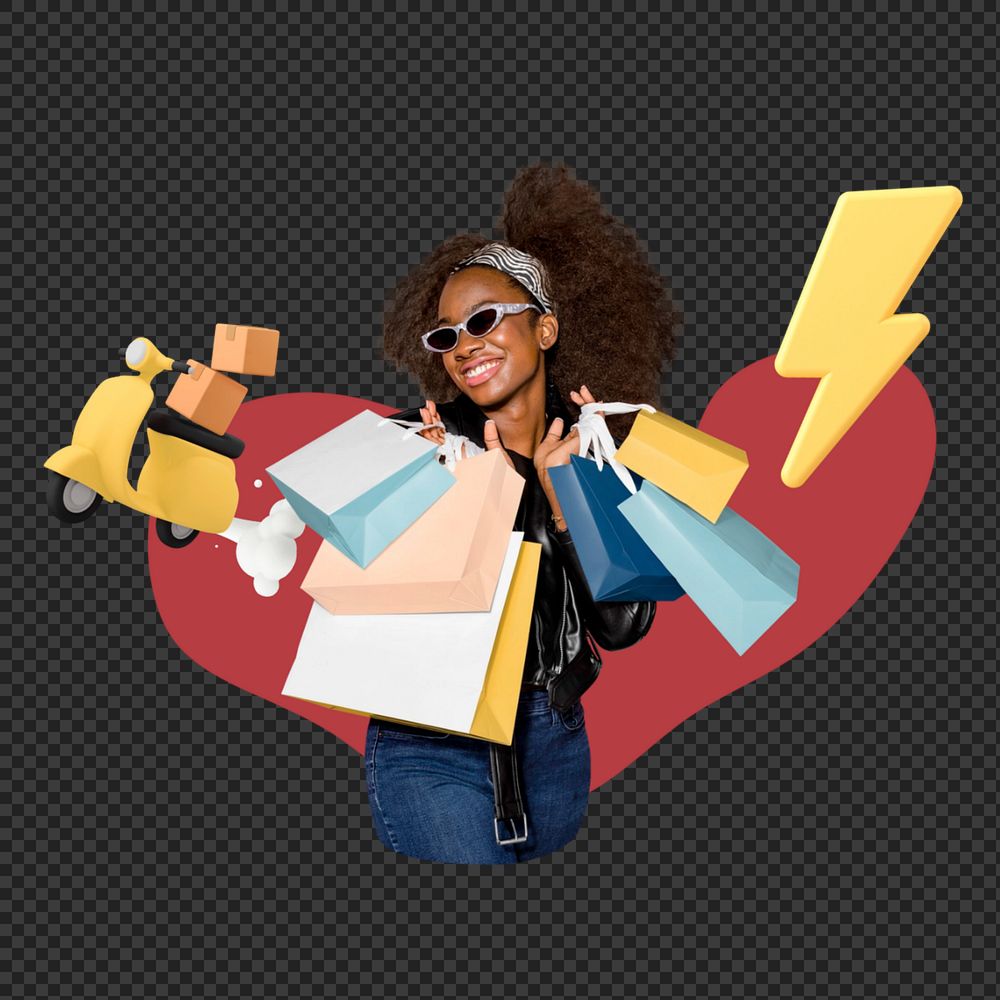 Woman holding shopping bags png, creative  editable remix