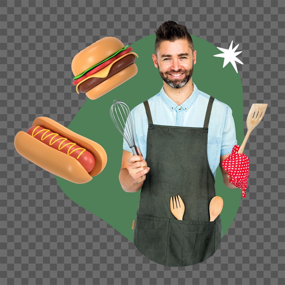 Man wearing apron png, creative cooking  editable remix