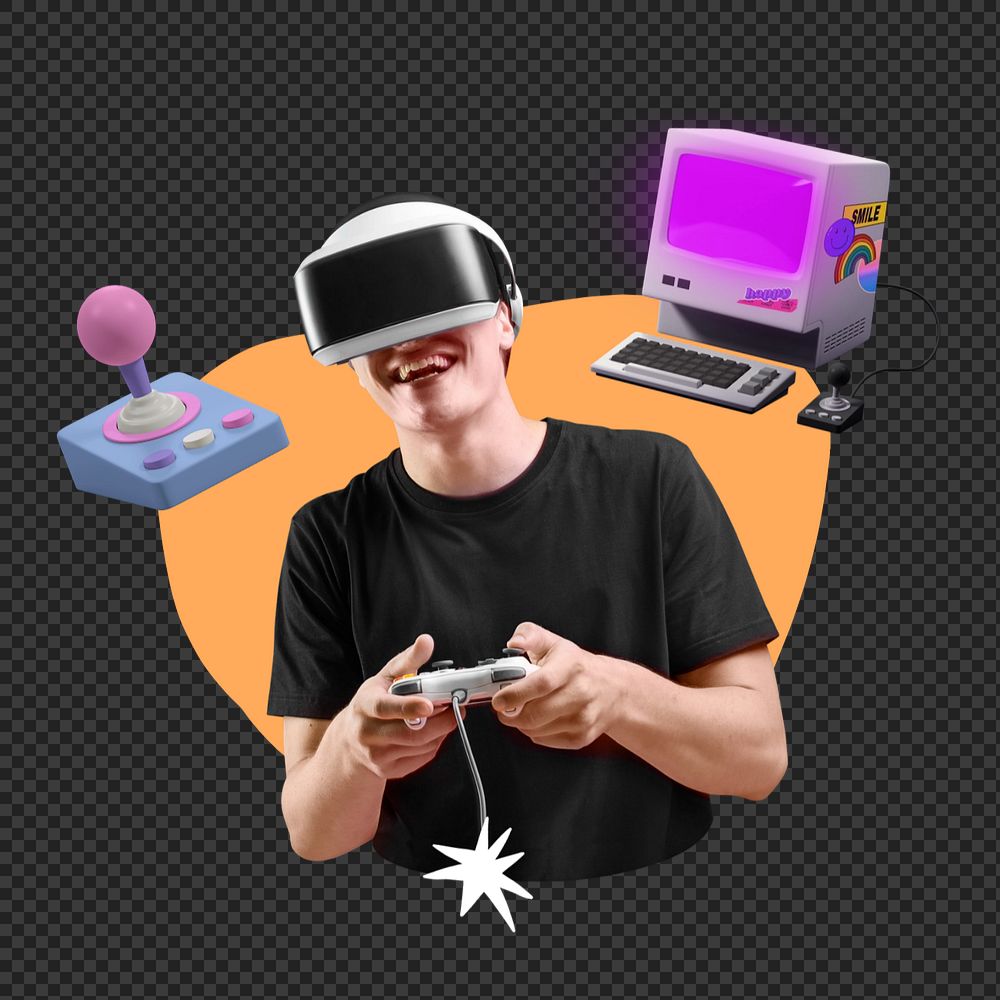 Man playing VR game png, creative  editable remix
