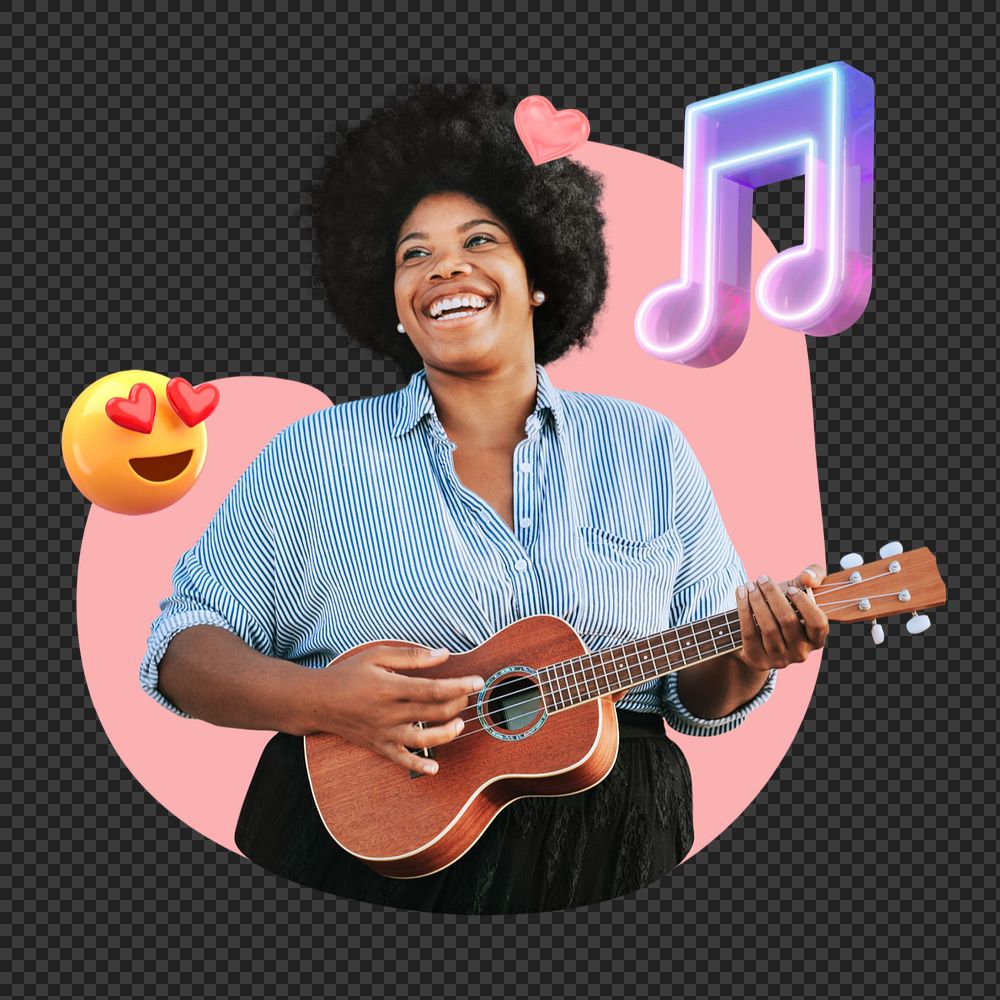 Woman playing guitar png, music & hobby  editable remix