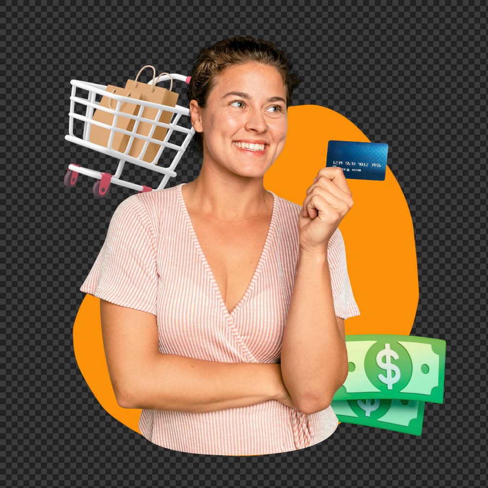Png shopping woman, 3D remix, transparent background, editable design