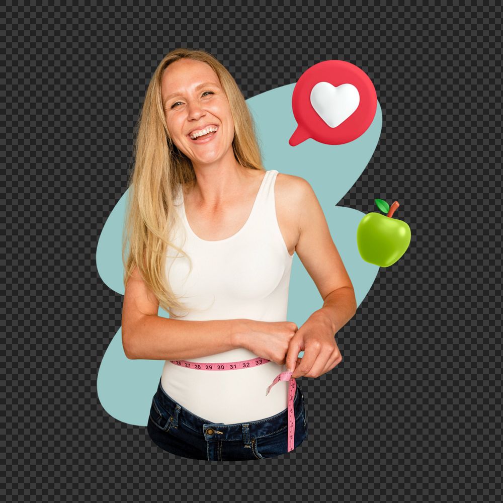 Woman using measuring tape png, diet  editable remix