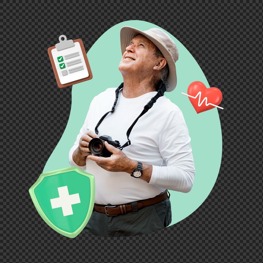 Senior tourist man png, creative insurance  editable remix
