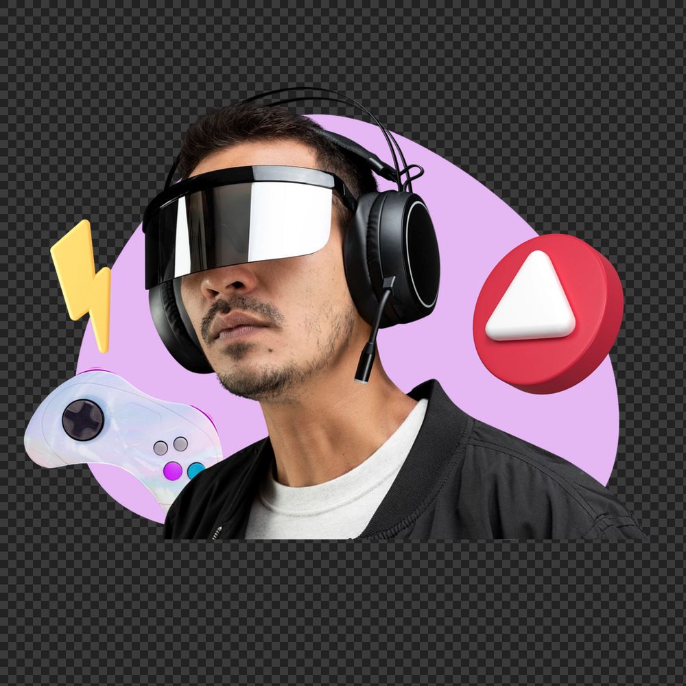 Man wearing smart glasses png, creative gaming  editable remix
