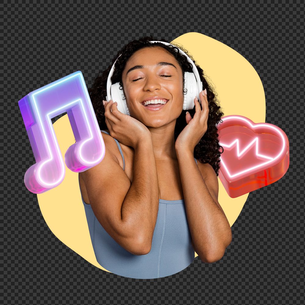 PNG woman listening to music, creative editable remix