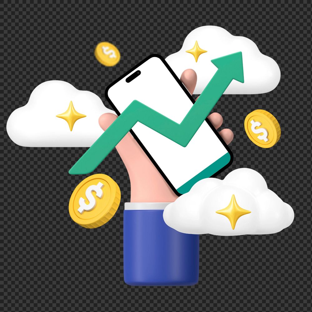 Stock rising arrow, hand holding smartphone, editable elements