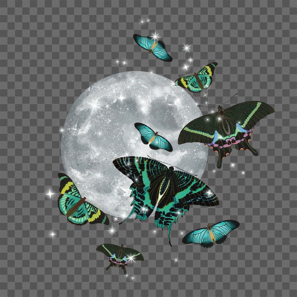 Aesthetic full moon clipart, editable butterflies sky, remixed from the artwork of E.A. Séguy