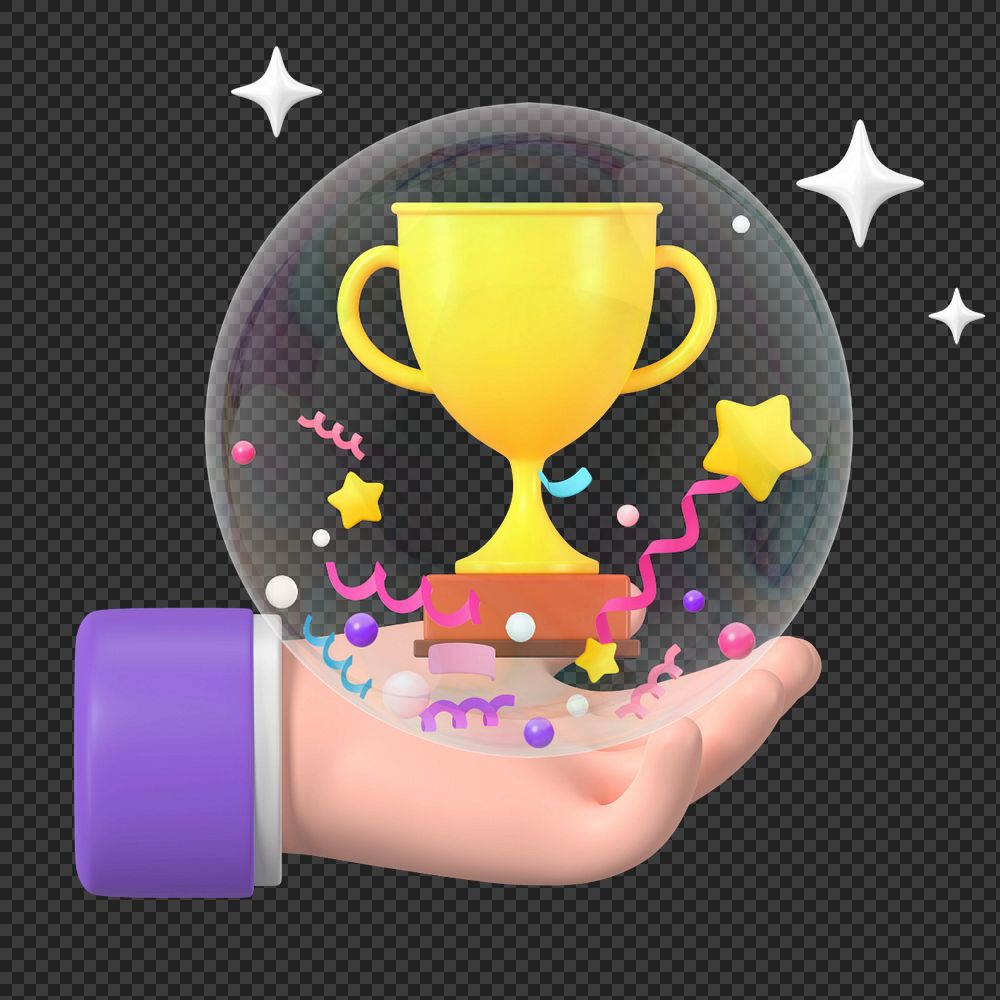 Hand presenting trophy, 3D business success concept, editable elements