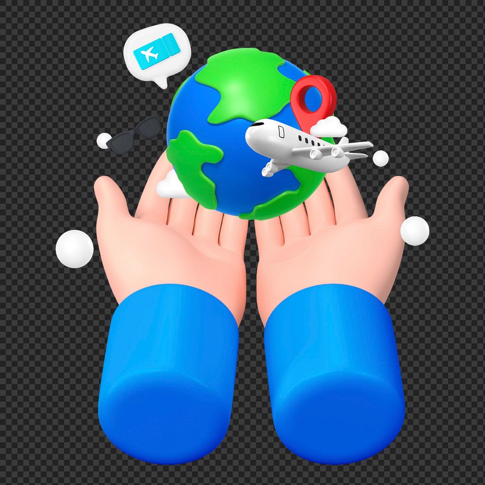 Hand presenting globe, 3D travel graphic, editable elements
