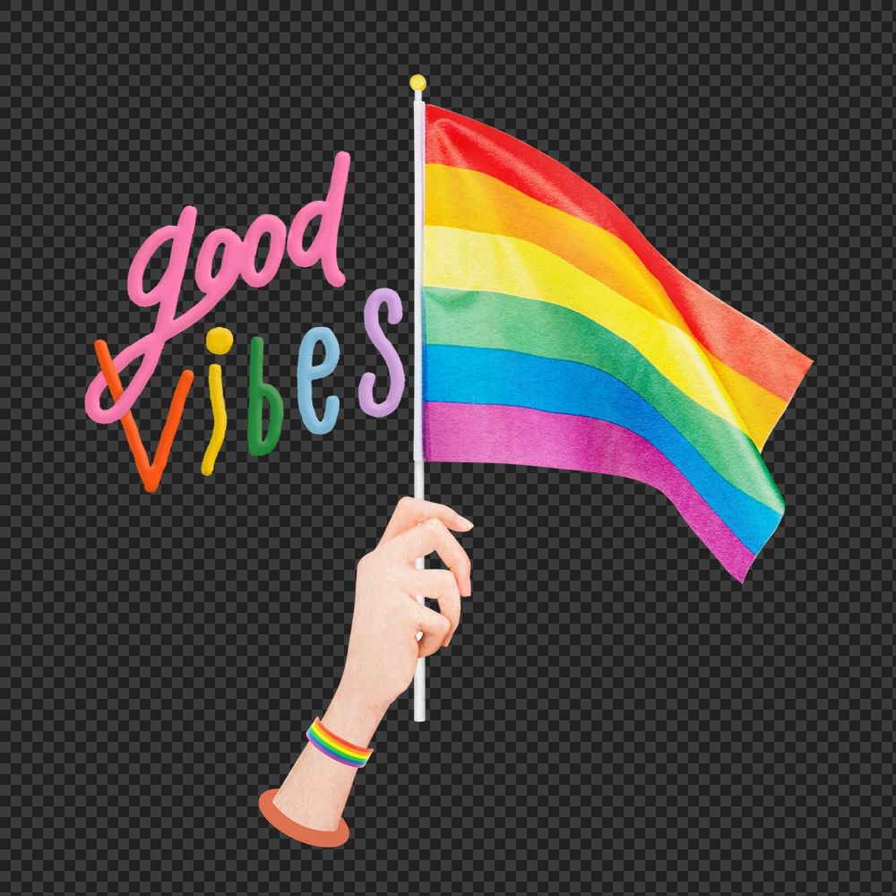 Good vibes words, editable hand waving pride flag collage design