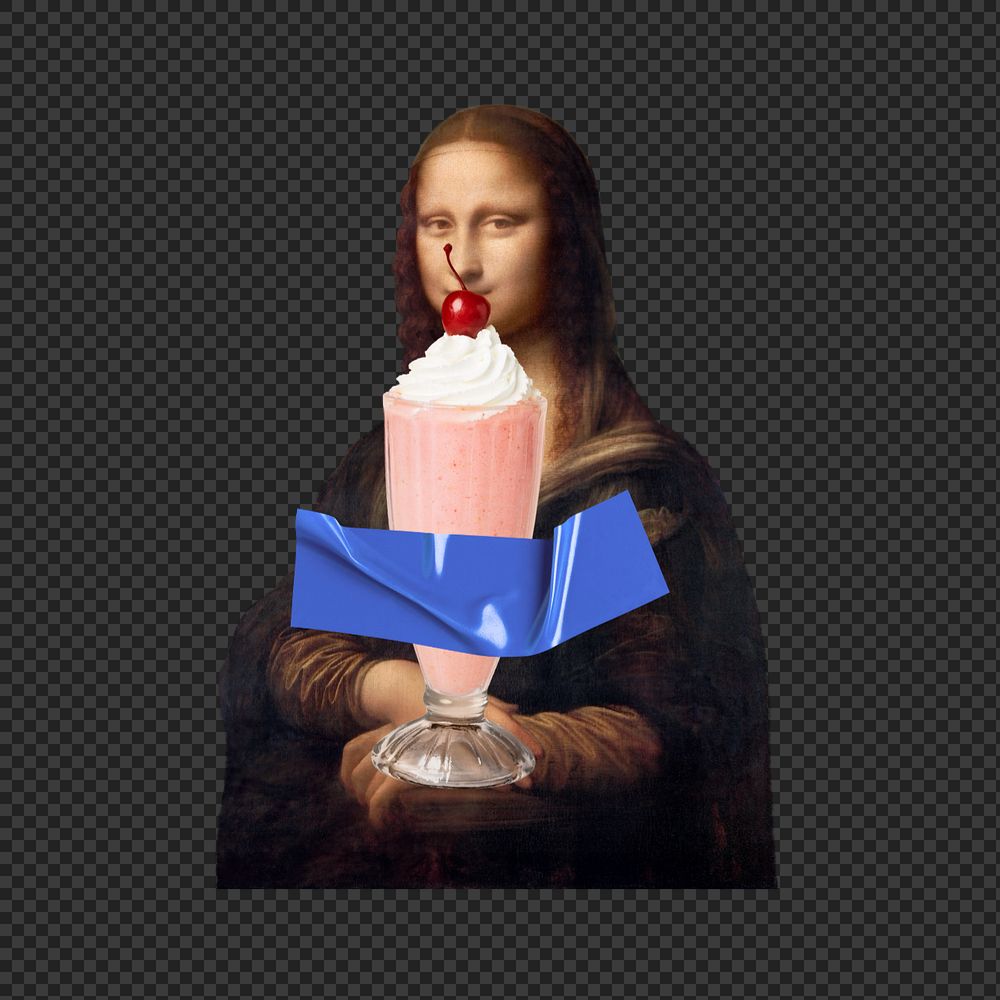 Milkshake Mona Lisa png sticker, Leonardo da Vinci's artwork mixed media editable design. Remixed by rawpixel.