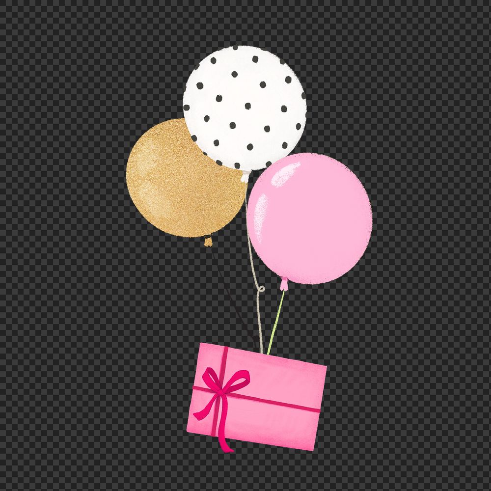 Birthday balloons with pink gift box clipart, editable celebration digital painting remix