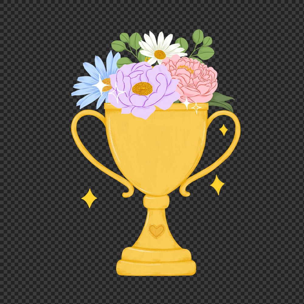 Gold trophy with flowers clipart, editable celebration digital painting remix