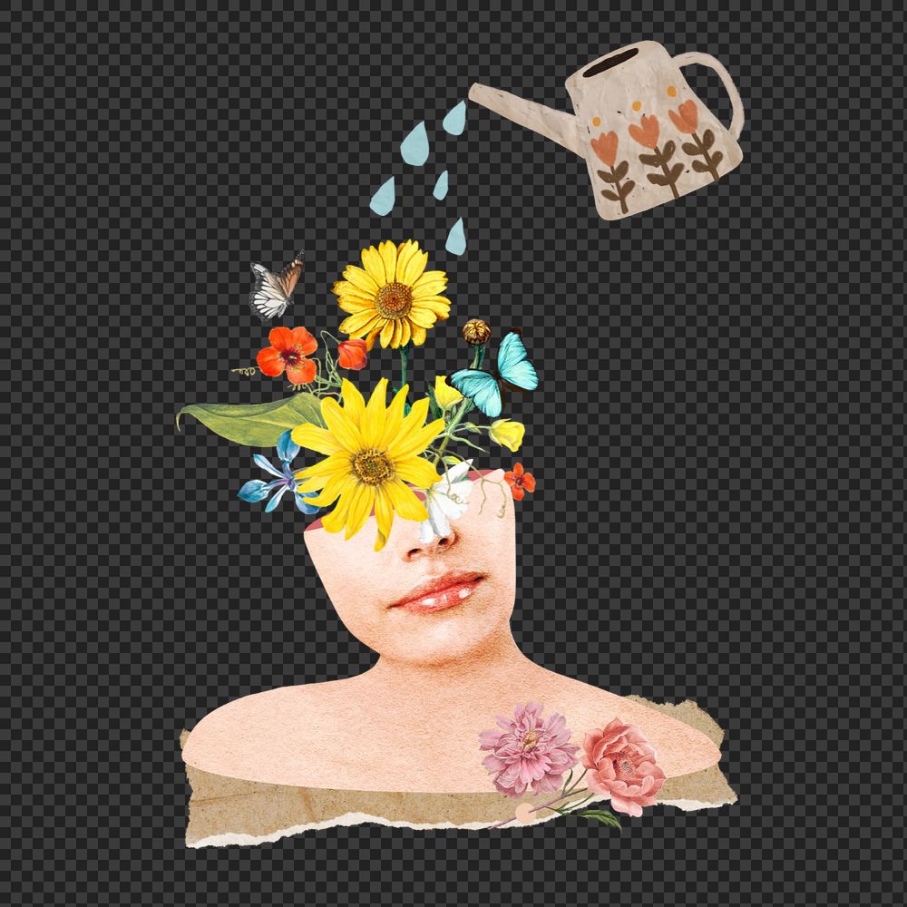 Self-growth woman element, editable watering mind collage design