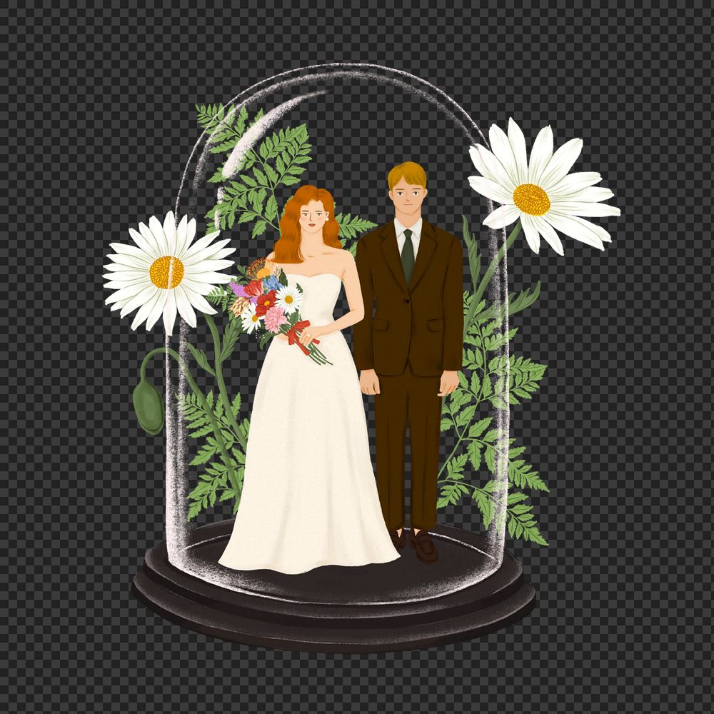 Newlywed in glass cloche clipart, editable celebration digital painting remix