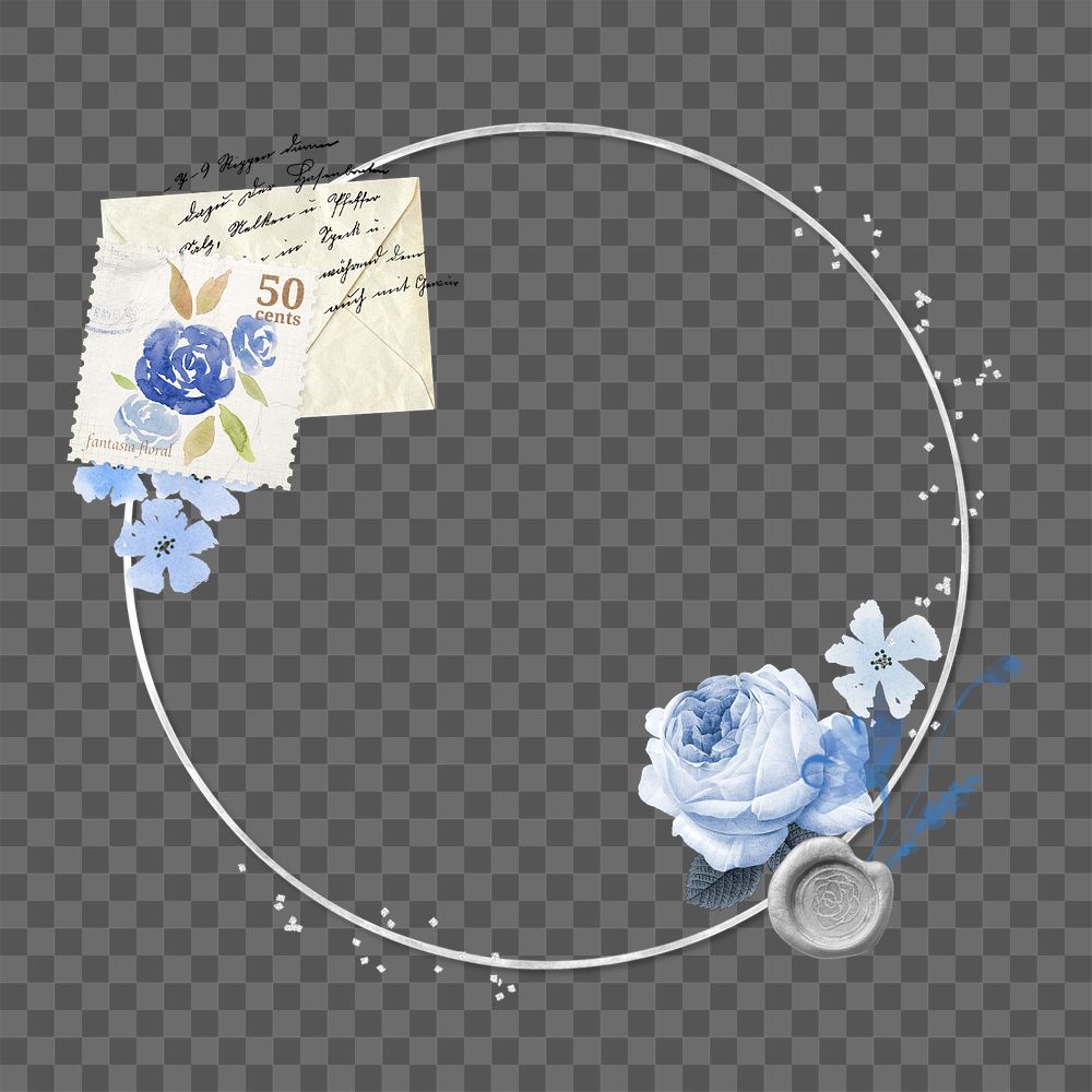 Round frame sticker, editable vintage blue rose design