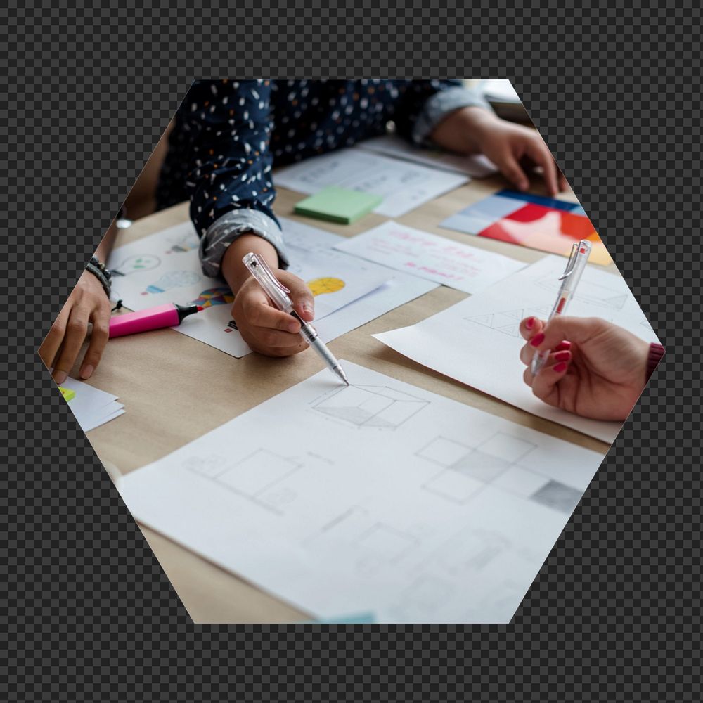 Png colleagues sharing ideas hexagonal  sticker, transparent background