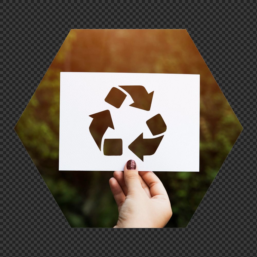 Png hand holding recycle sign hexagonal  sticker, transparent background