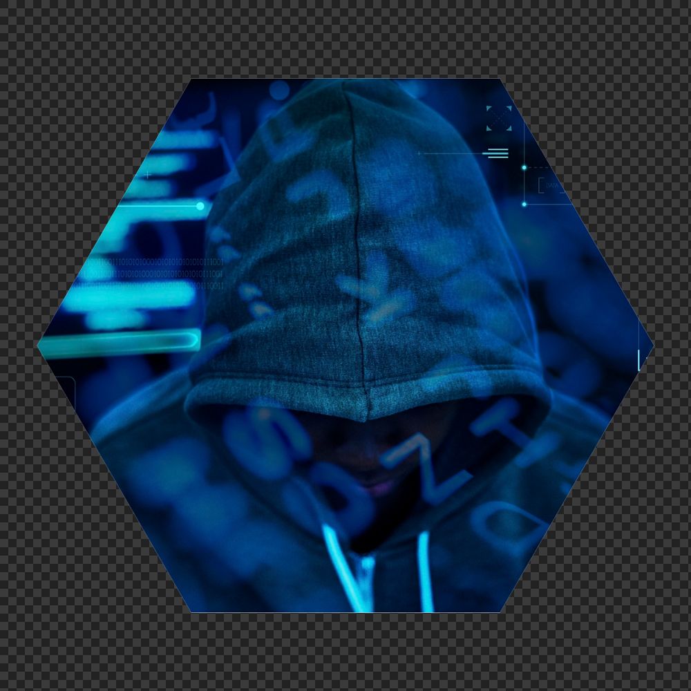 Hooded hacker  png hexagonal  sticker, transparent background