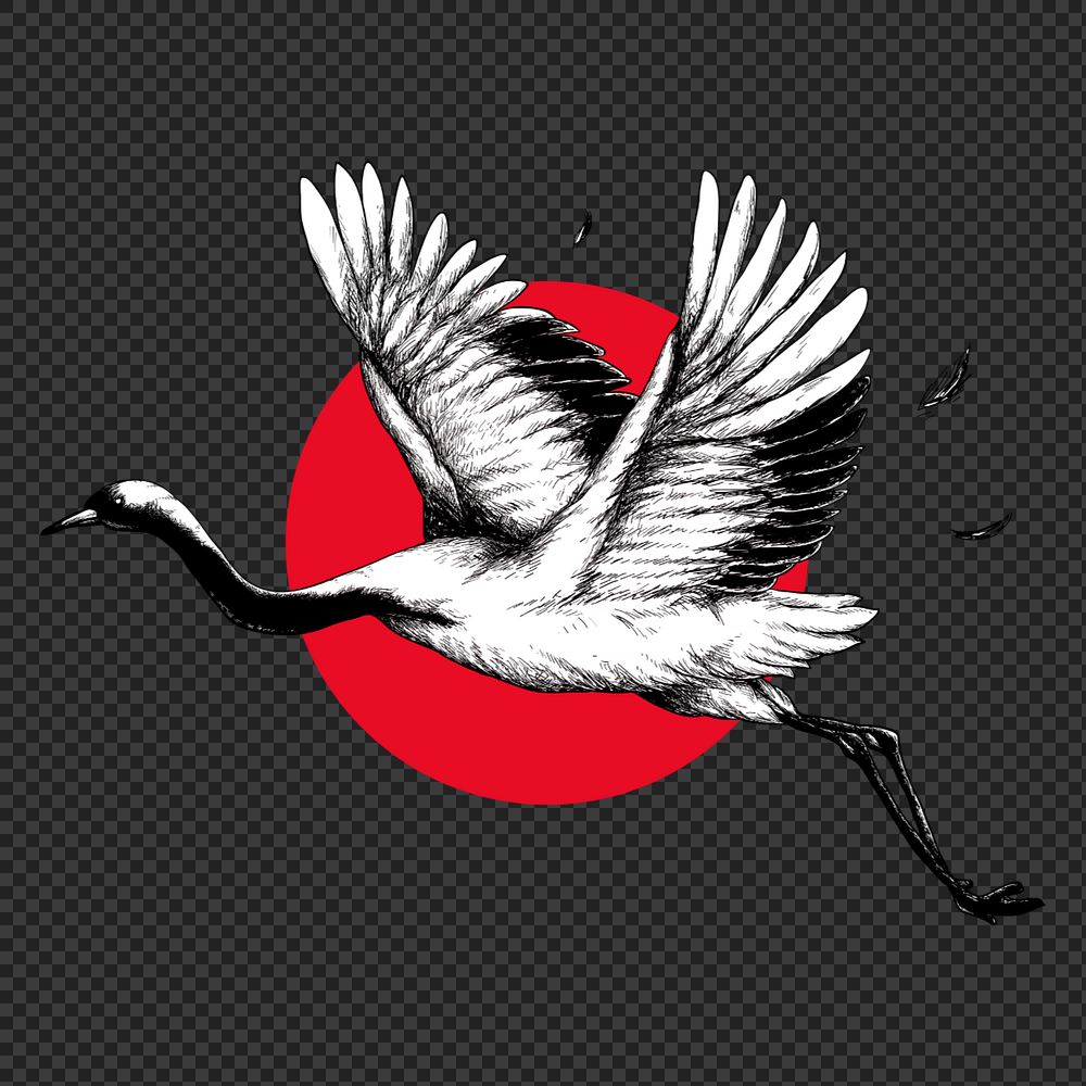 Flying crane png element, black & white, editable design
