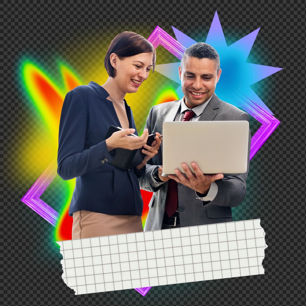 Happy businesspeople png element, colorful gradient shape tape, editable design