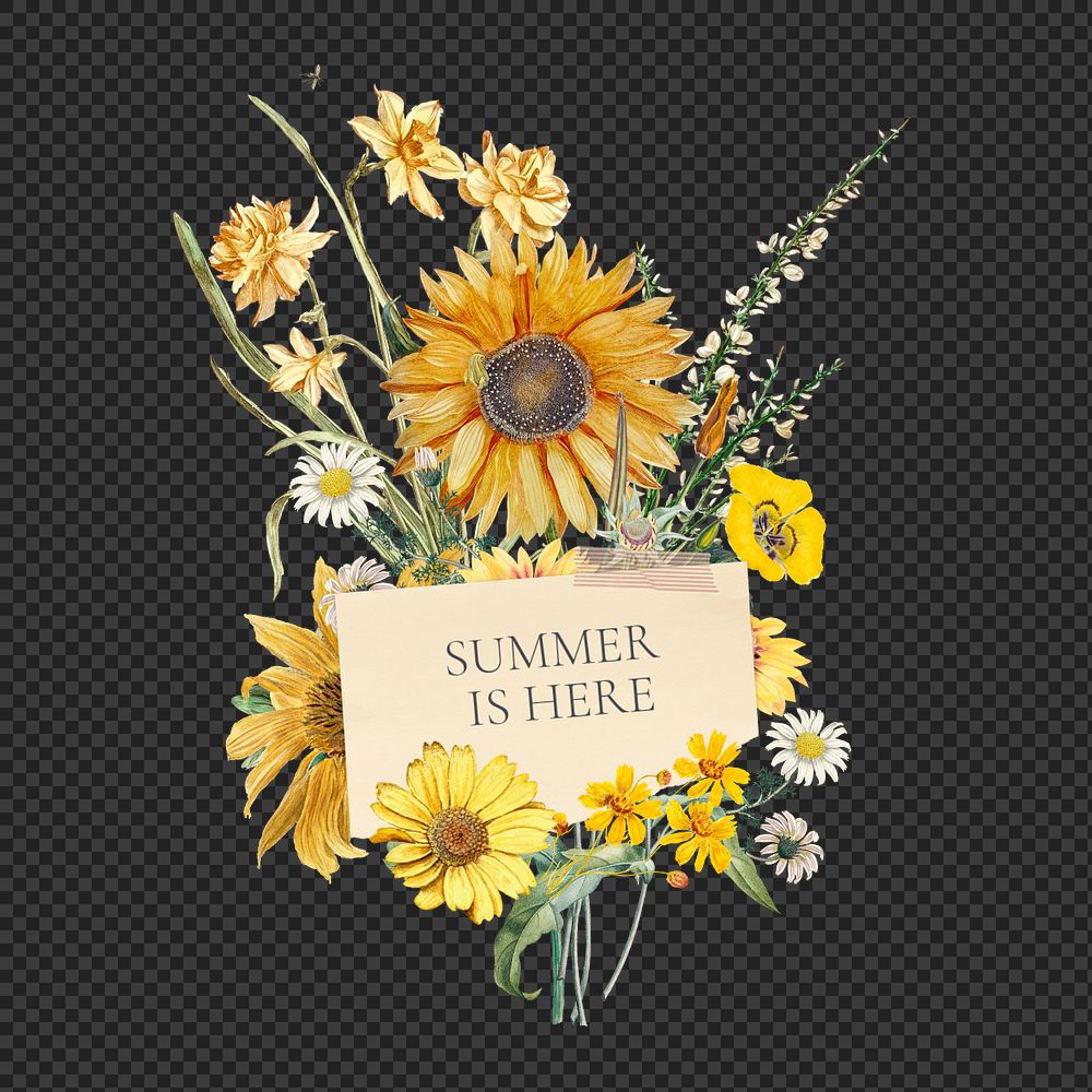 Summer is here png word, aesthetic flower bouquet collage art, editable design