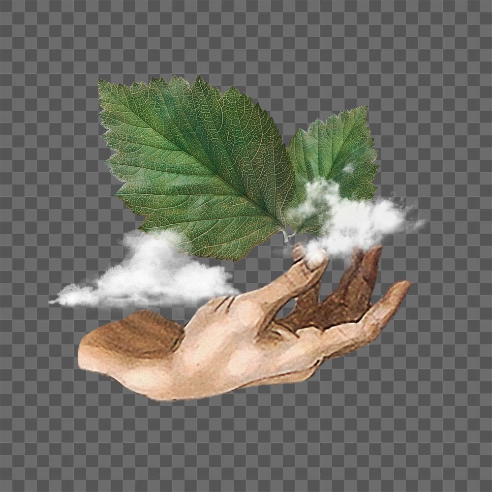 Fresh air png, hand presenting leaf & cloud editable design. Remixed by rawpixel.