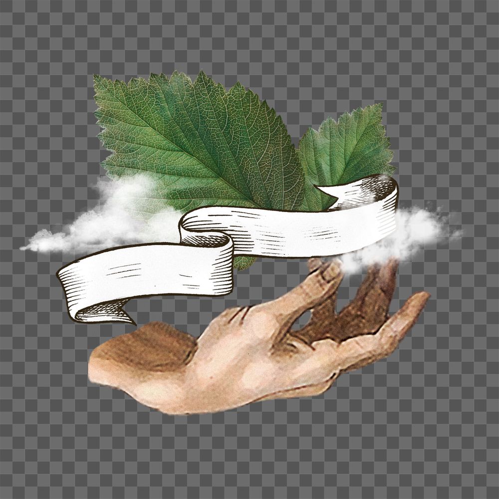 Fresh air png, hand presenting leaf & cloud editable design. Remixed by rawpixel.