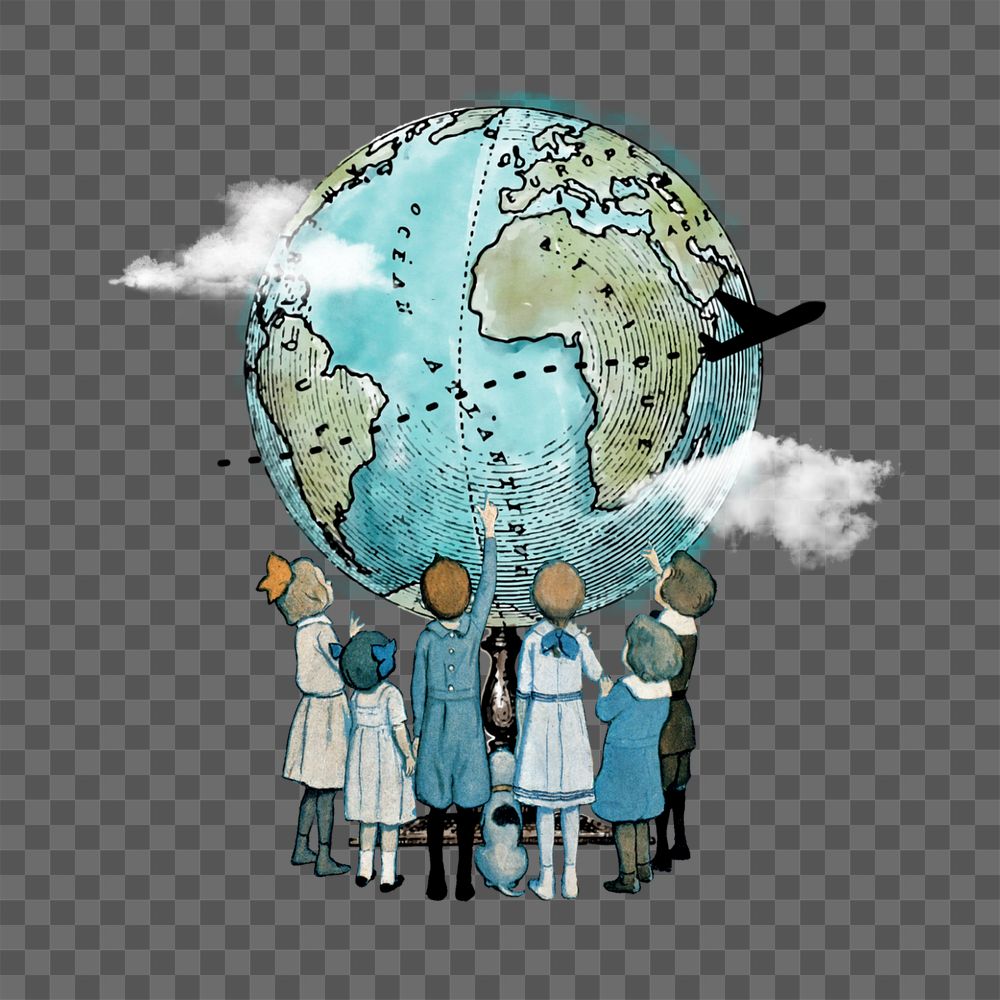 Children looking at globe png, travel editable collage. Remixed by rawpixel.