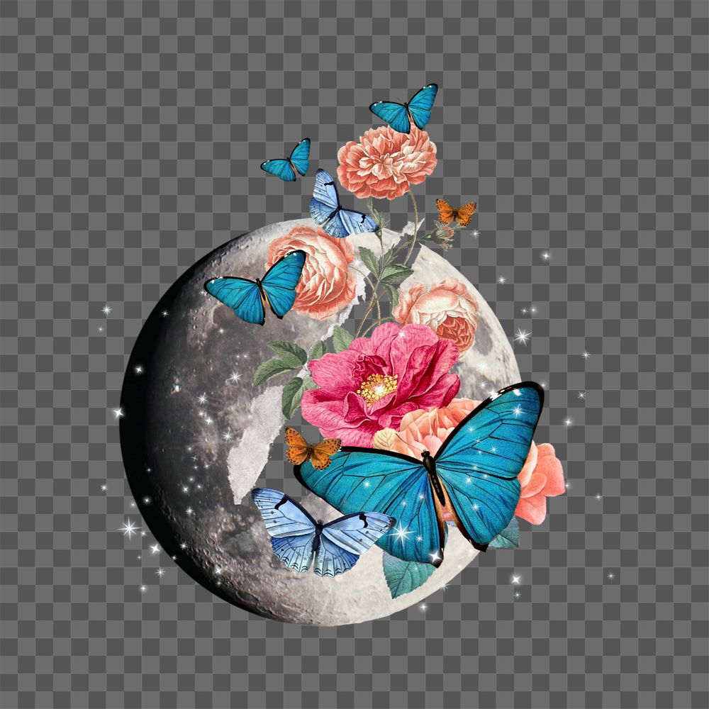 Floral moon butterfly png, editable surreal collage art