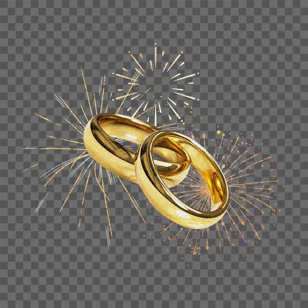 Gold wedding rings png, fireworks, editable celebration collage