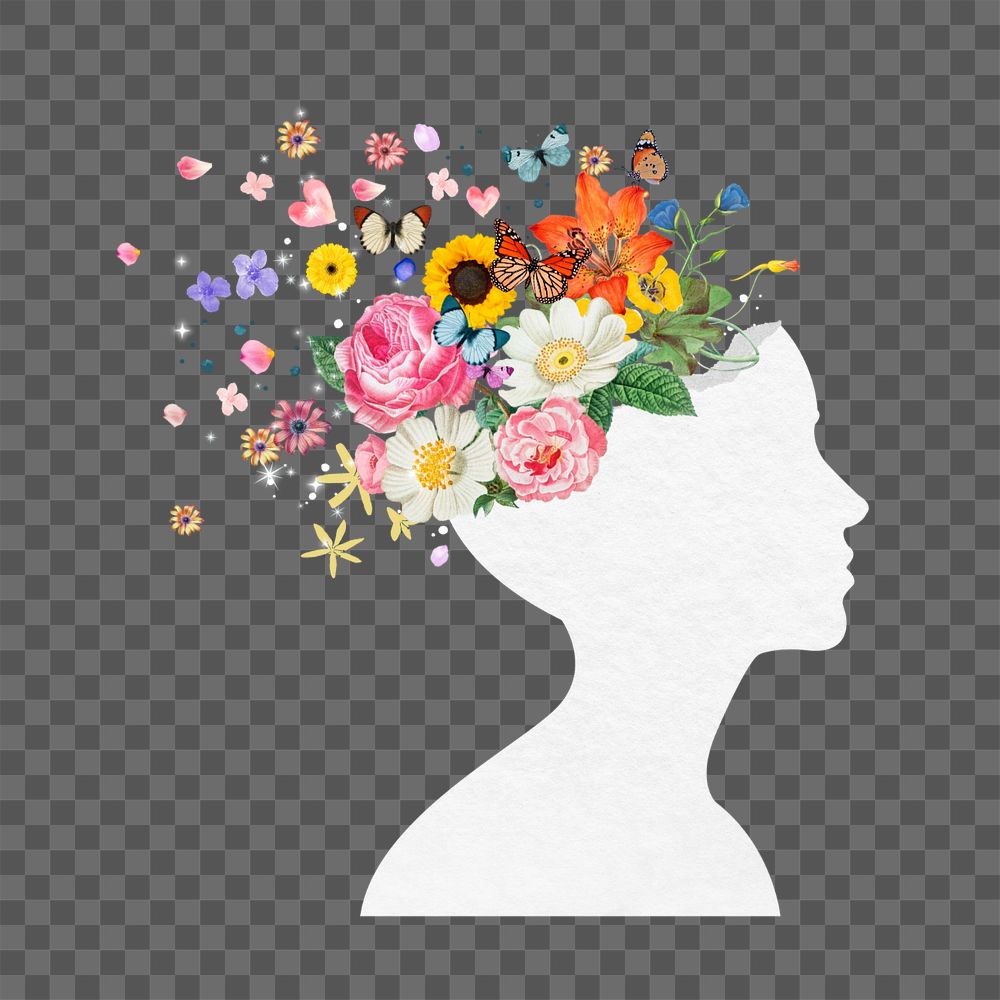 Flower head silhouette png, surreal mental health remix, editable design