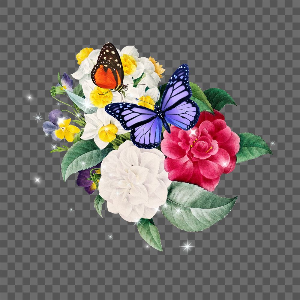 Colorful butterfly and flowers png, aesthetic remix, editable design