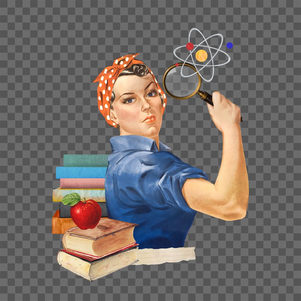 Science education png, editable woman holding magnifying glass collage. Remixed by rawpixel.