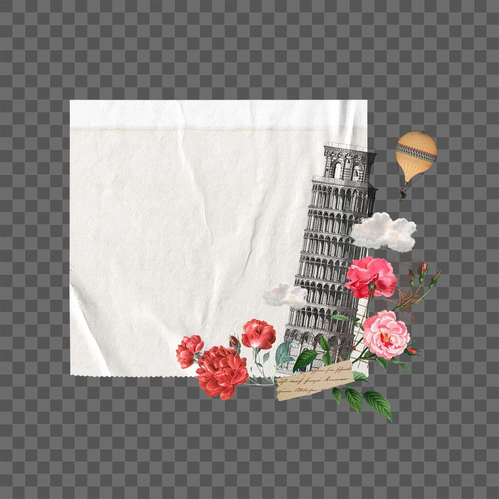 Tower of Pisa png note paper, floral travel editable collage. Remixed by rawpixel.