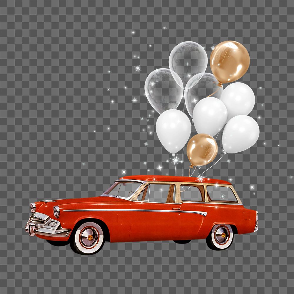 Floating car with balloons png, celebration editable graphic