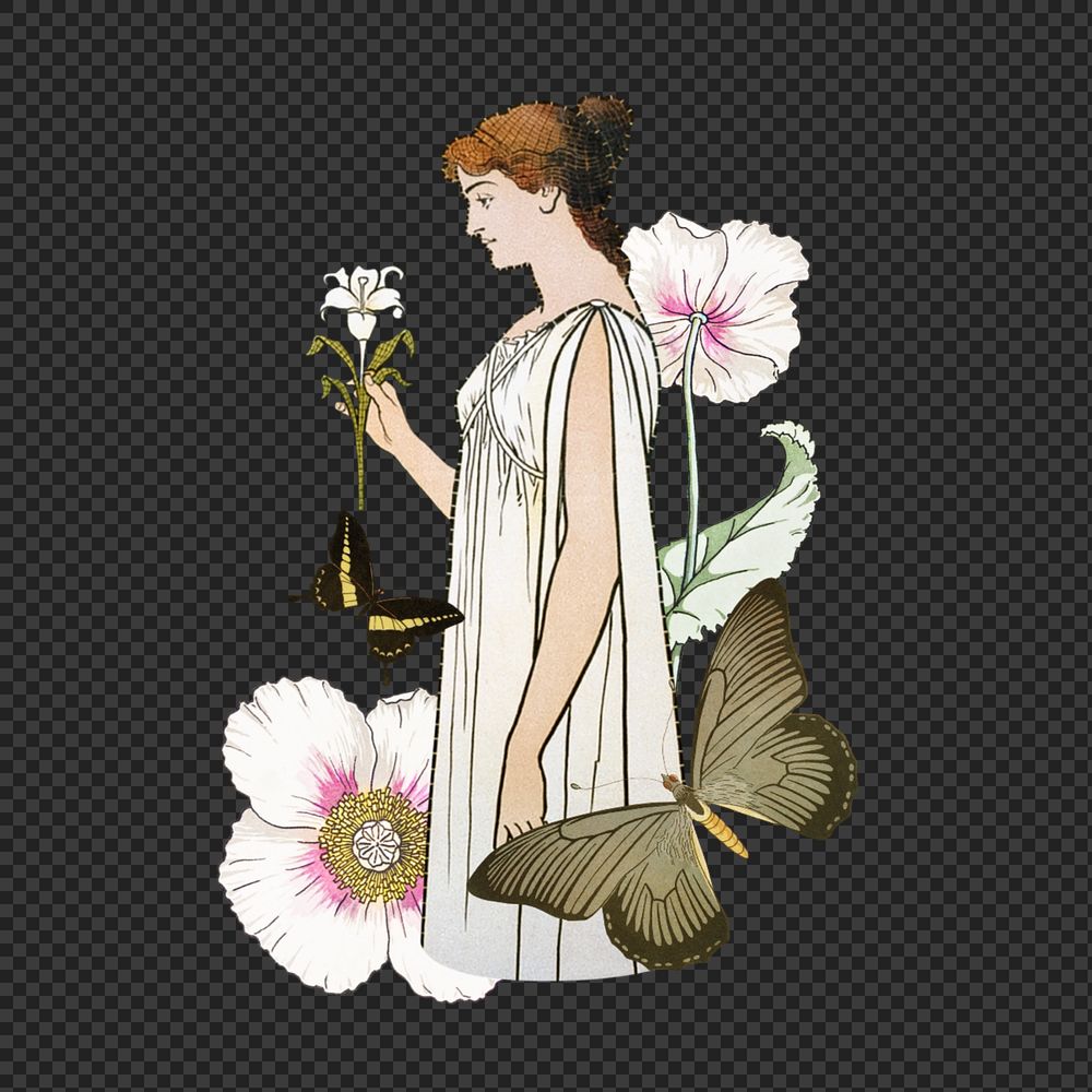 Woman holding flower png, vintage art nouveau illustration. Remixed by rawpixel.