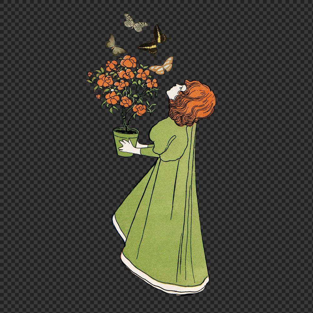 Girl holding flower pot png, Josef Rudolf Witzel's vintage illustration. Remixed by rawpixel.