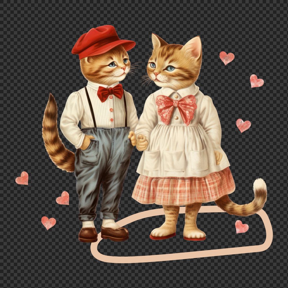 Cute cat couple png, love digital art editable remix