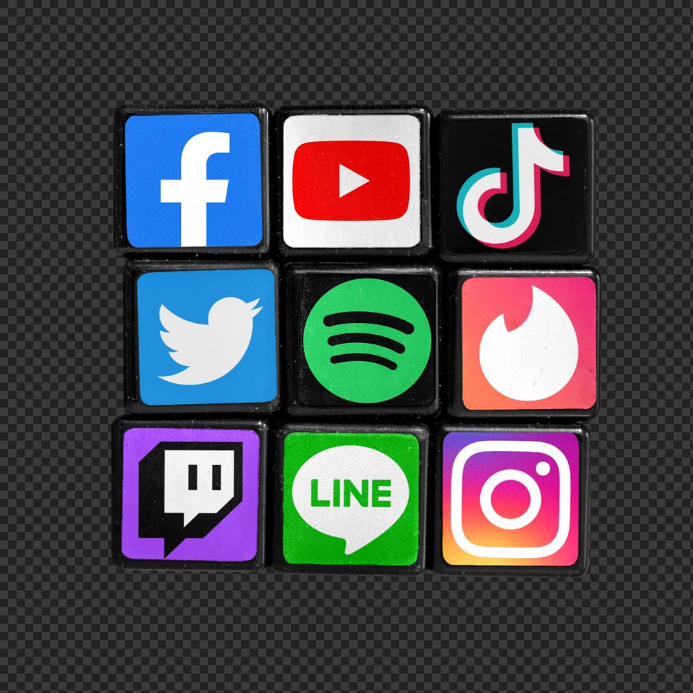 Editable puzzle cube mockup element with social media icons, Facebook, Instagram, Twitter, TikTok, YouTube logos