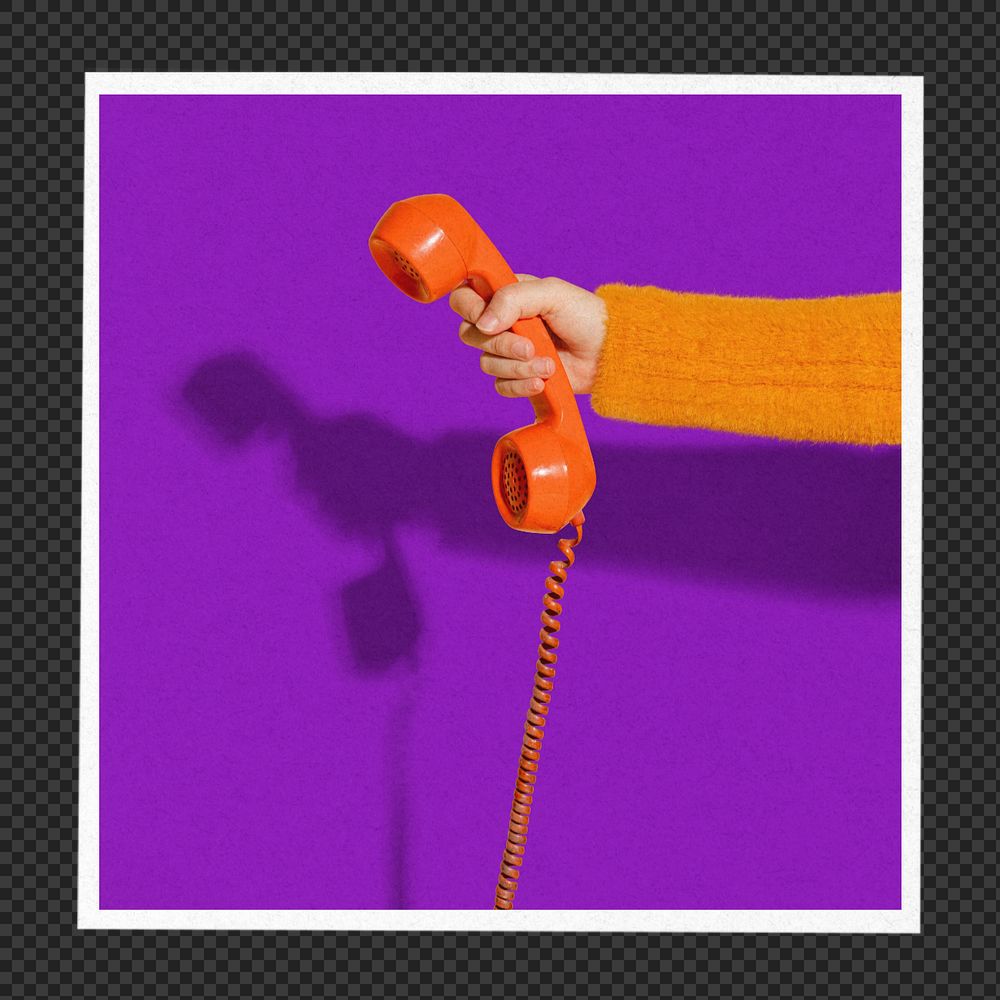 Square poster mockup, hand holding telephone photo