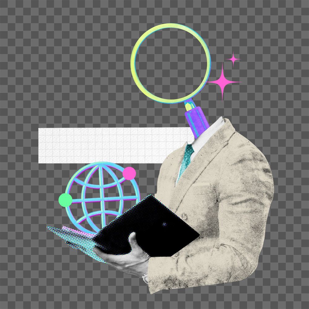 Magnifying glass-head businessman, SEO specialist remix