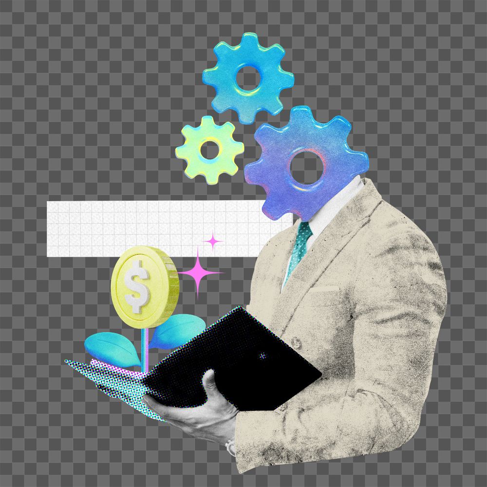 Editable cogwheel-head businessman, gradient collage remix