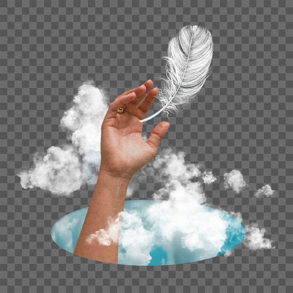 Hand reaching collage element, sky portal design